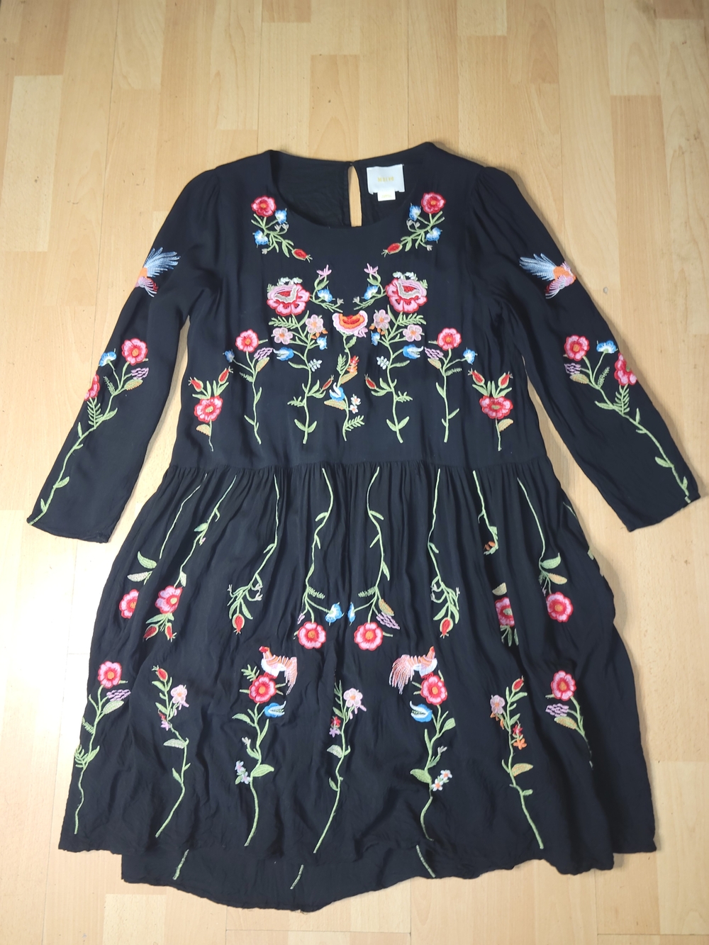 Maeve Black Long-Sleeve Floral Embroidered Dress